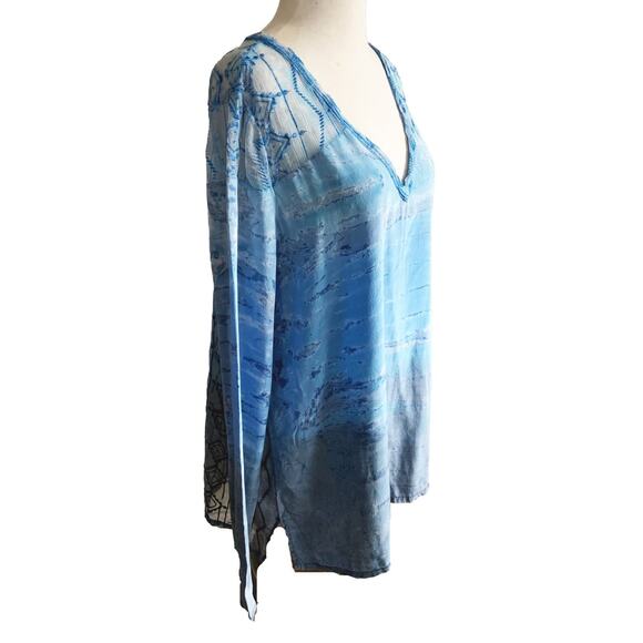 Gypsy 05 Blue Boho 100% Silk Fully Embroidered Back Sheer Tunic Blouse Size M - Picture 2 of 5